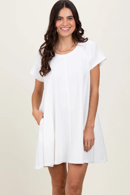 Women's mini dress bit chic -Ivory French Terry Basic Short Sleeve Mini Dress