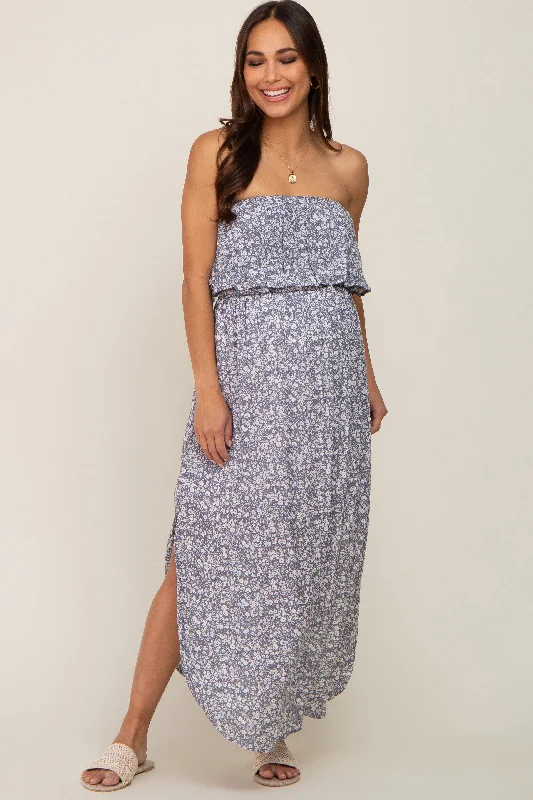 ladies-midi-dress-celeb-chic-Grey Floral Strapless Hi-Lo Maternity Midi Dress