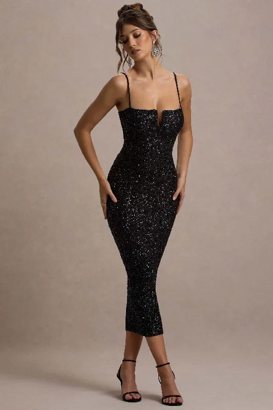 Women's bodycon dress talk glow -Dazzle Me | Black Sequin Strappy Bodycon Maxi Dress