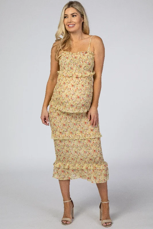 ladies-midi-dress-value-vogue-Yellow Floral Chiffon Smocked Fitted Maternity Midi Dress