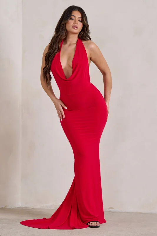 ladies-maxi-dress-one-shoulder-silk-Saffina | Red Cowl Neck Low Back Maxi Dress