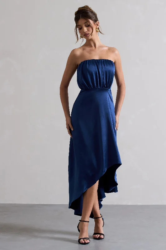 ladies-maxi-dress-picnic-poise-Willa | Navy Satin Bandeau Maxi Dress With Asymmetric Hem