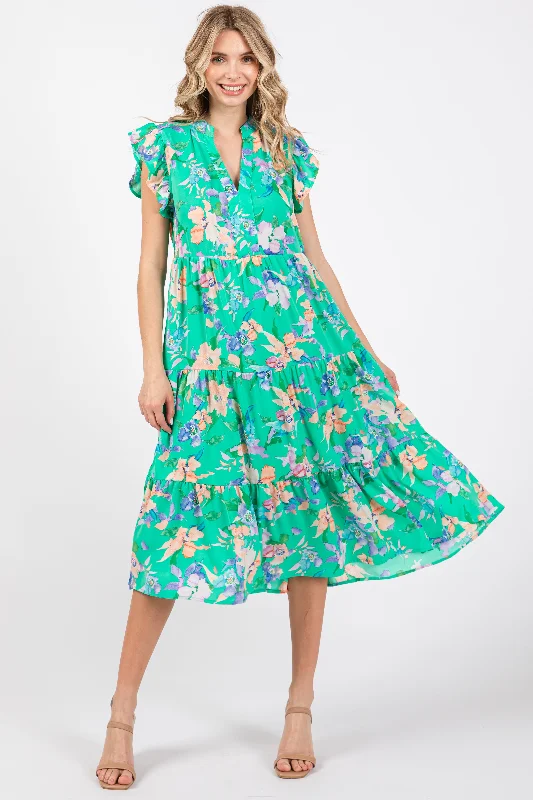 ladies-floral-dress-field-fawn-Green Floral Ruffle Tiered Dress