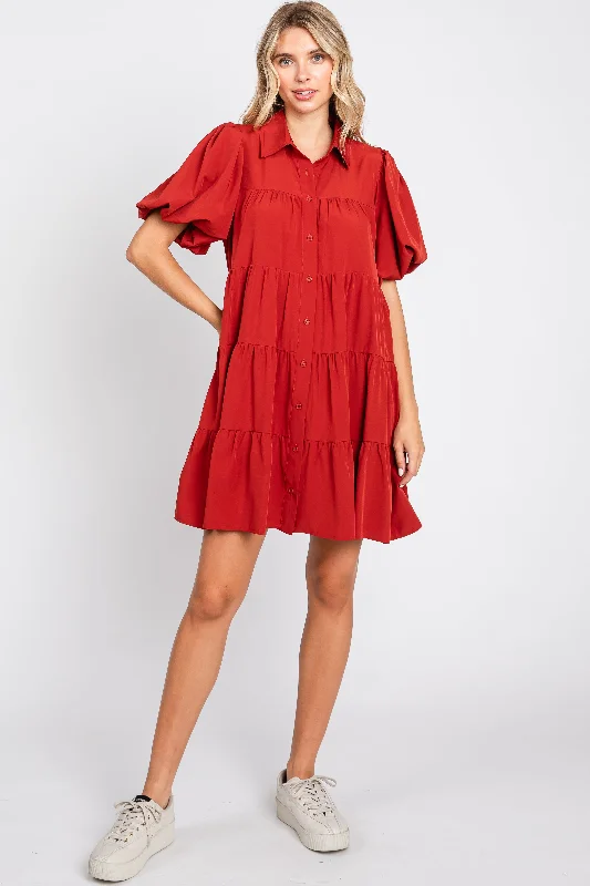 Women's mini dress sea pop -Rust Puff Sleeve Mini Shirt Dress