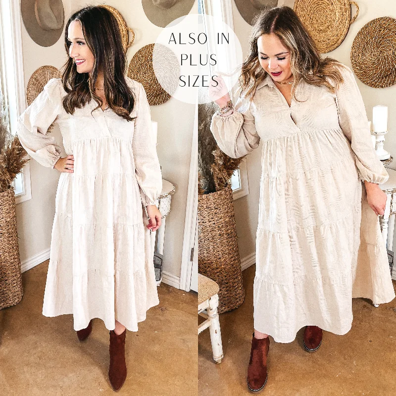 ladies-midi-dress-asymmetric-art-Sweet Glances Long Sleeve Tiered Midi Dress in Stone