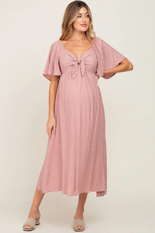 ladies-midi-dress-forest-finesse-Mauve Front Tie Ruffle Sleeve Maternity Midi Dress