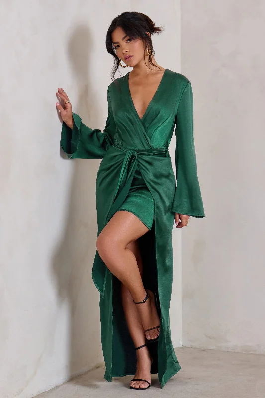 ladies-maxi-dress-budget-bloom-Patricia | Green Extreme Plunge Long Sleeve Maxi Dress With Tie Detail