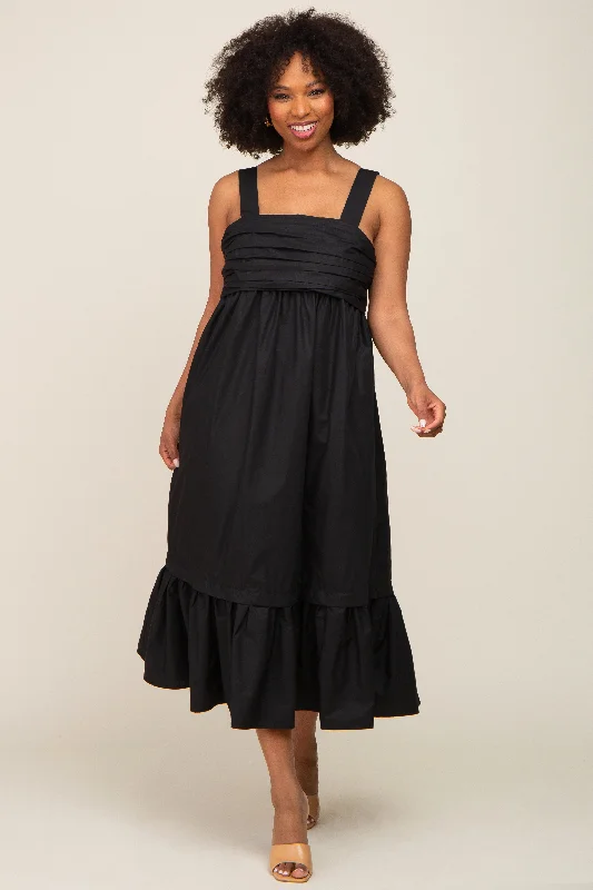 ladies-midi-dress-winter-warmth-Black Pleated Back Tie Midi Dress