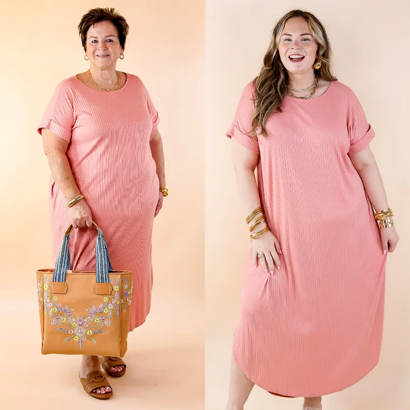 ladies-midi-dress-sleeveless-chic-Chill Looks Short Sleeve Ribbed Midi Dress in Dusty Rose