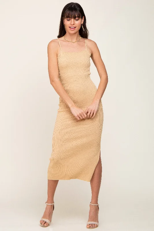 ladies-midi-dress-sunset-sway-Beige Ribbed Knit Side Slit Midi Dress