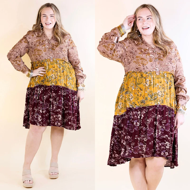 ladies-floral-dress-elegant-ember-Among the Flowers Floral Ruffle Tier Long Sleeve Dress in Taupe, Mustard, and Burgundy