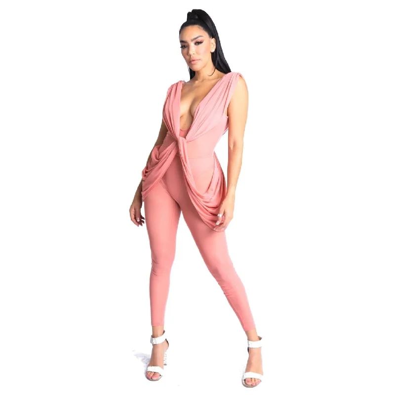 Women's party dress neon -Sexy Sleeveless Lightweight Draped Mesh Jumpsuit Party Clubwear Mauve