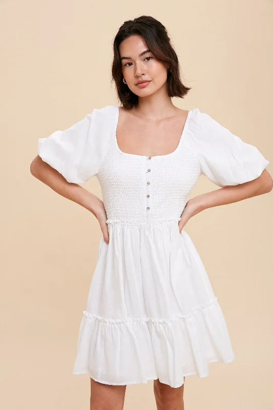 Women's mini dress mesh chic -Off White Smocked Button Front Mini Dress