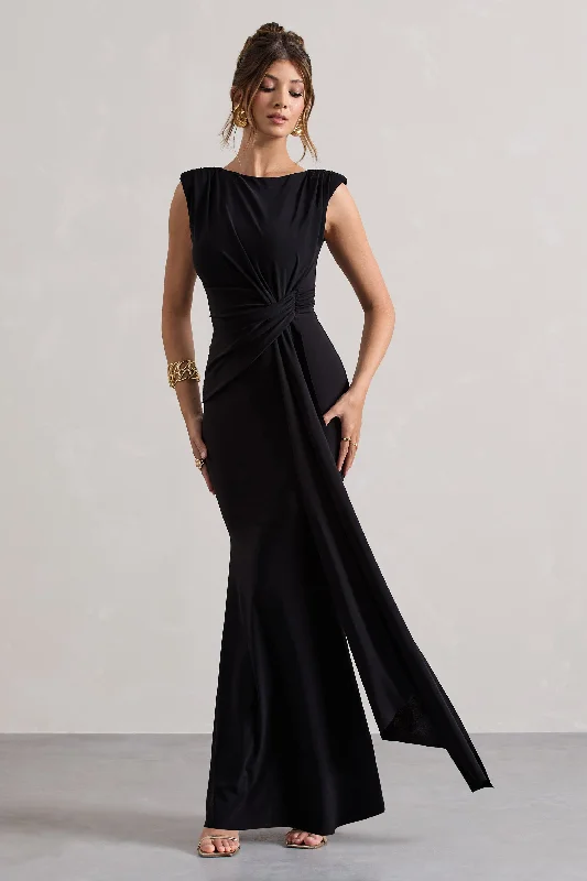 ladies-maxi-dress-casual-charm-Kadie | Black Sleeveless Gathered Maxi Dress With Drape