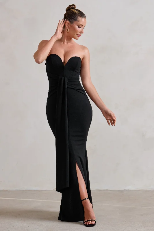 ladies-maxi-dress-tiered-tide-Carrie | Black Sweetheart Neckline Maxi Dress With Statement Tie