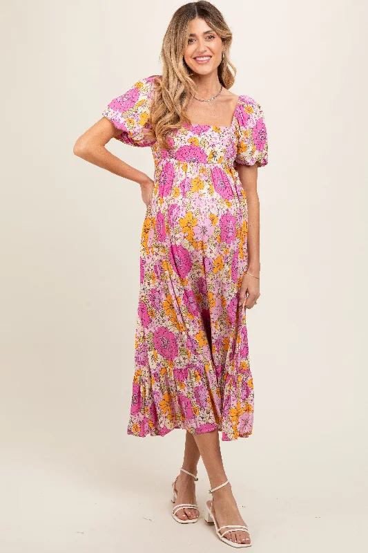 ladies-midi-dress-ash-allure-Pink Multi Floral Midi Baby Doll Maternity Dress