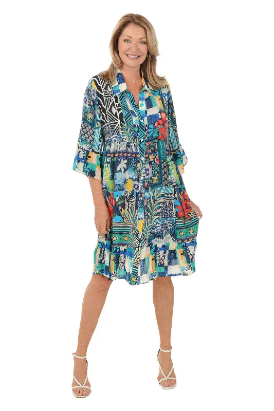 ladies-floral-dress-turquoise-twirl-Paisley Floral Bell Sleeve Button-Front Dress