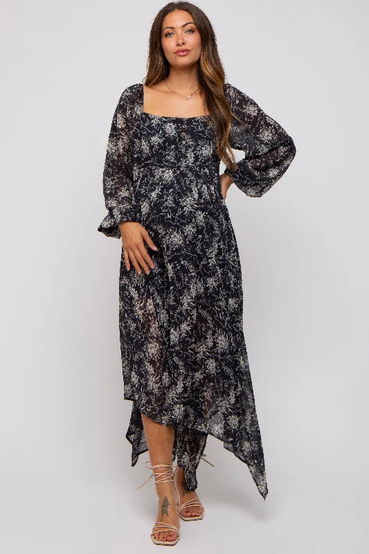 ladies-midi-dress-polka-prance-Charcoal Floral Chiffon Square Neck Button Front Maternity Midi Dress