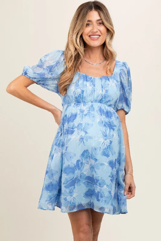 Women's mini dress hub glow -Blue Floral Puff Sleeve Maternity Mini Dress