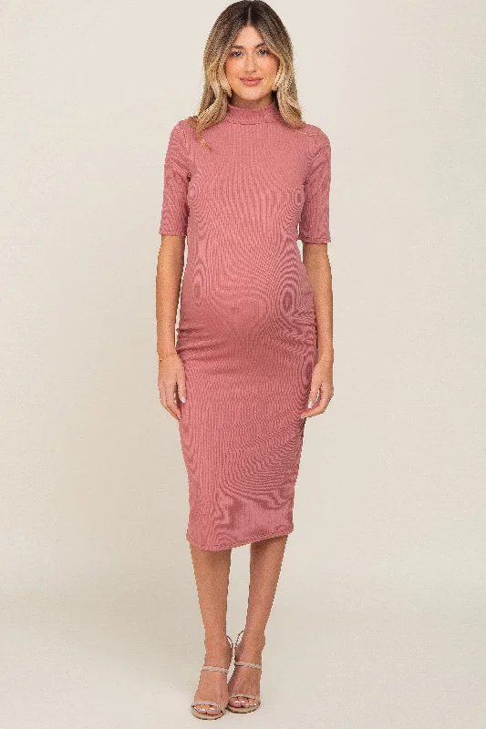 ladies-midi-dress-minimal-magic-Mauve Ribbed Mock Neck Maternity Midi Dress