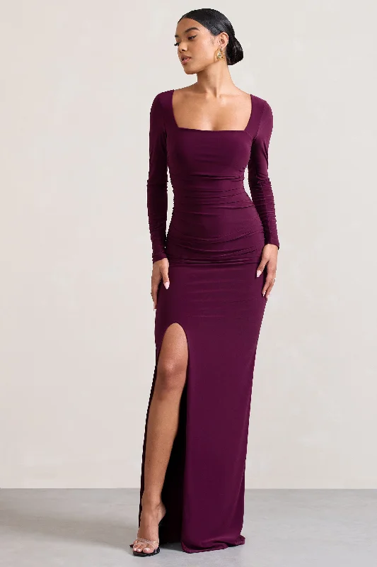 ladies-maxi-dress-magenta-muse-My Pleasure | Burgundy Square Neck Ruched Maxi Dress