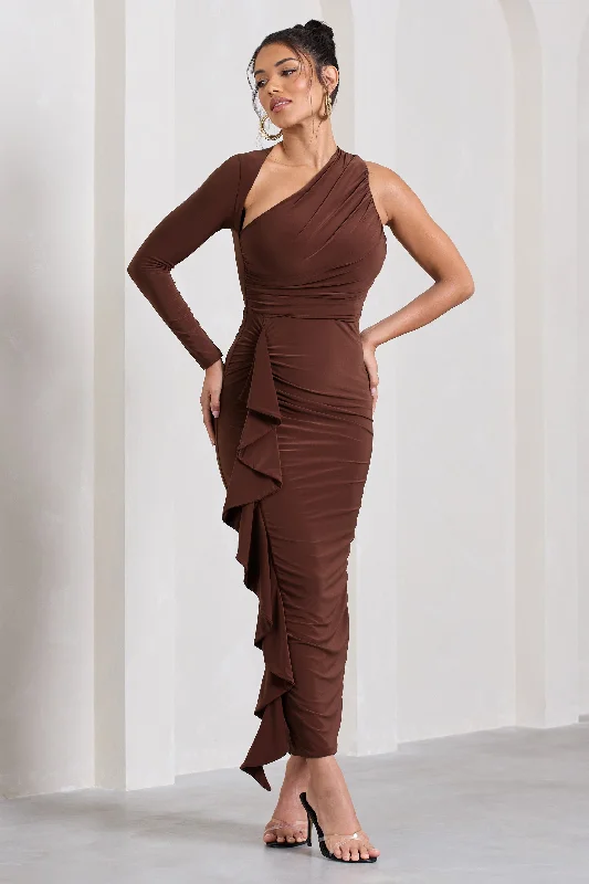 ladies-maxi-dress-indigo-illume-Compass | Brown One-Sleeved Cut-Out Maxi Dress With Ruffle