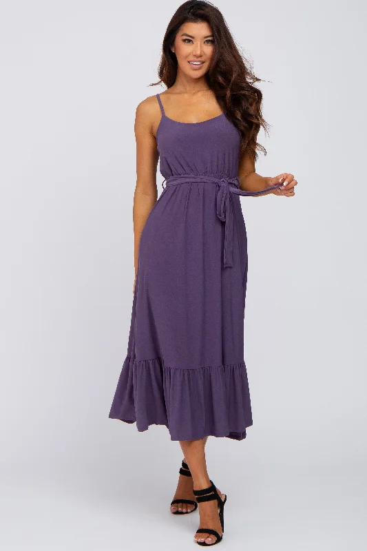 ladies-midi-dress-mint-majesty-Purple Waist Tie Ruffle Hem Midi Dress