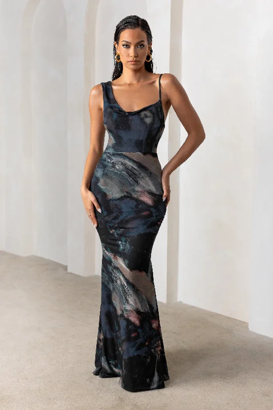 ladies-maxi-dress-subtle-sweep-Phantasy | Black Abstract Print Asymmetric Neckline Cowl Maxi Dress