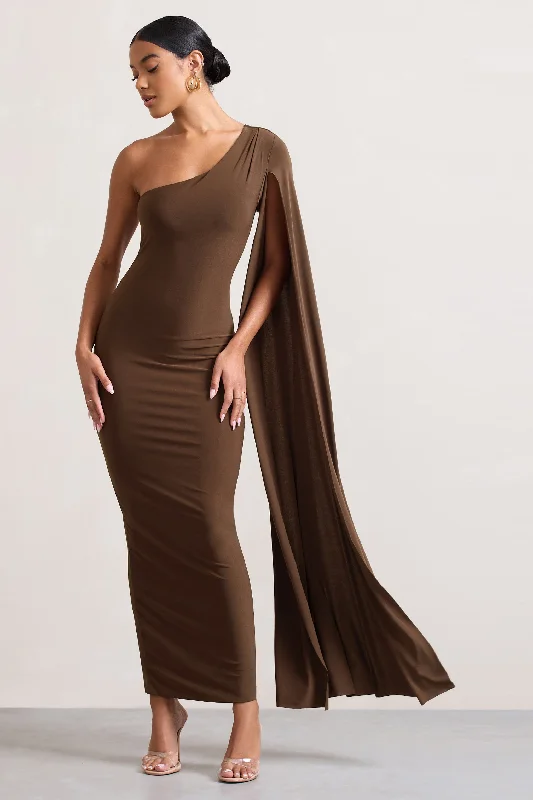 Women's bodycon dress 90s glow -Dominique | Chocolate Brown One Shoulder Cape Sleeve Bodycon Maxi Dress