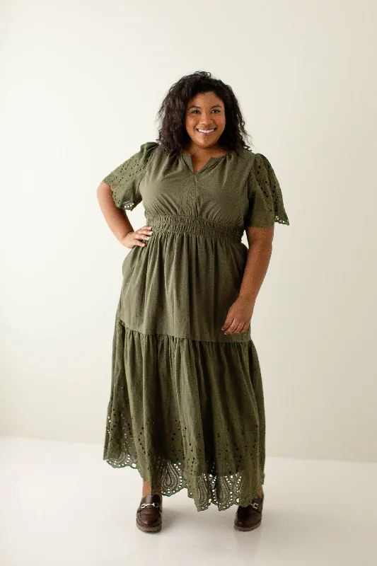 ladies-maxi-dress-lapis-lush-Plus 'Georgina' Eyelet Detail Smocked Waist Maxi Dress in Olive