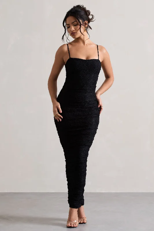 Women's bodycon dress cinch pop -Ellis | Black Lace Strappy Bodycon Maxi Dress