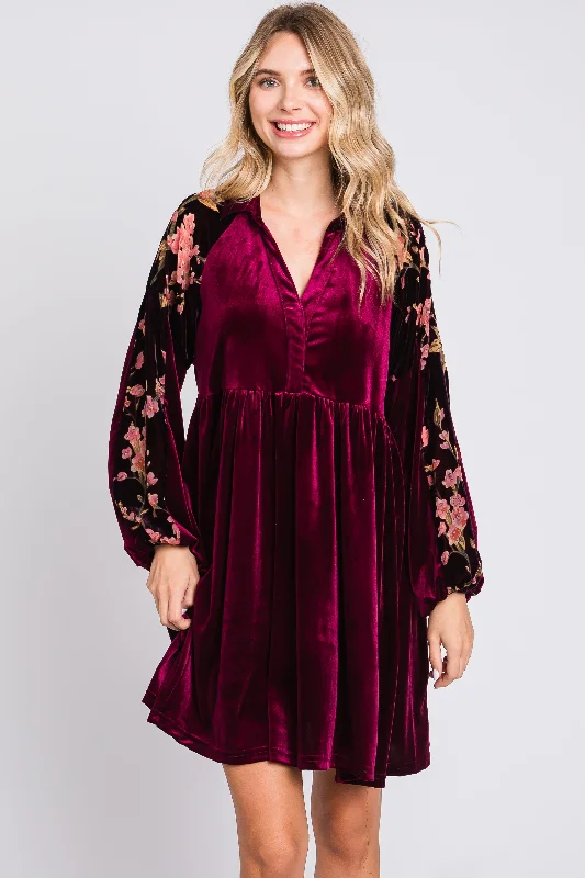 ladies-floral-dress-backless-blossom-Plum Velvet Floral Long Sleeve Dress