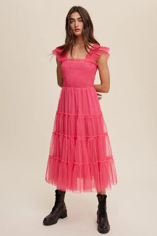 ladies-midi-dress-festival-flow-Hot Pink Smocked Ruffle Tiered Mesh Midi Dress