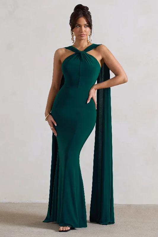 ladies-maxi-dress-animal-allure-First Glance | Bottle Green Twist-Neck Cape Maxi Dress