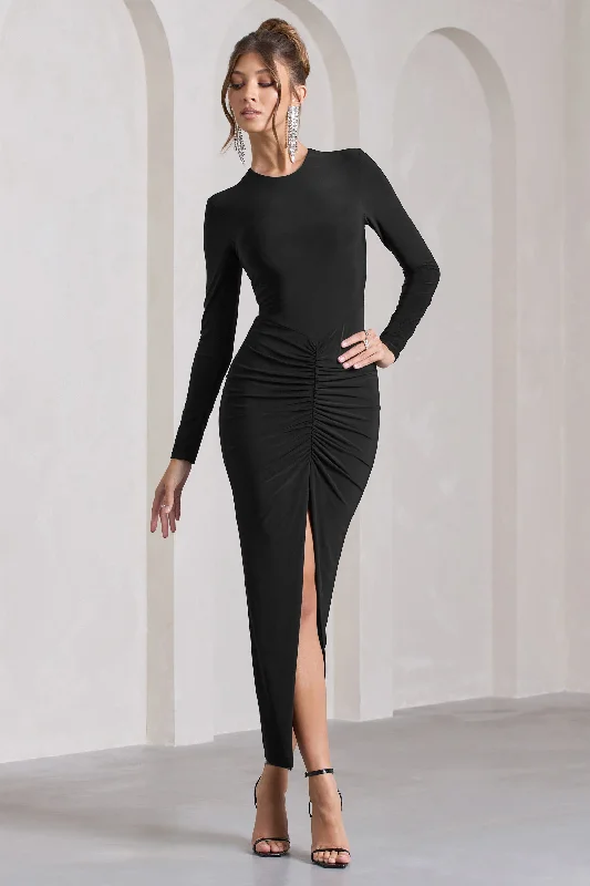 ladies-maxi-dress-matte-mirth-Katy | Black Ruched Long-Sleeve Split Maxi Dress