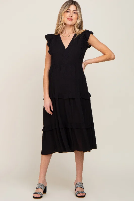 ladies-midi-dress-shopping-sweep-Black Ruffle Accent Tiered Maternity Midi Dress