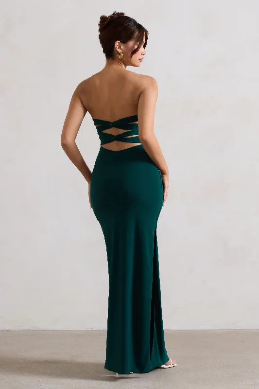 ladies-maxi-dress-buttoned-bliss-Manon | Bottle Green Sweetheart Bandeau Maxi Dress With Thigh Split