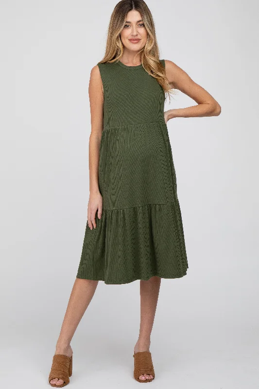 ladies-midi-dress-tangerine-tide-Olive Ribbed Tiered Maternity Midi Dress