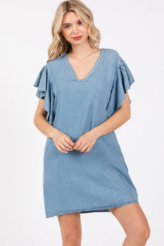 Women's mini dress wing pop -Blue Ruffle Sleeve Mini Dress