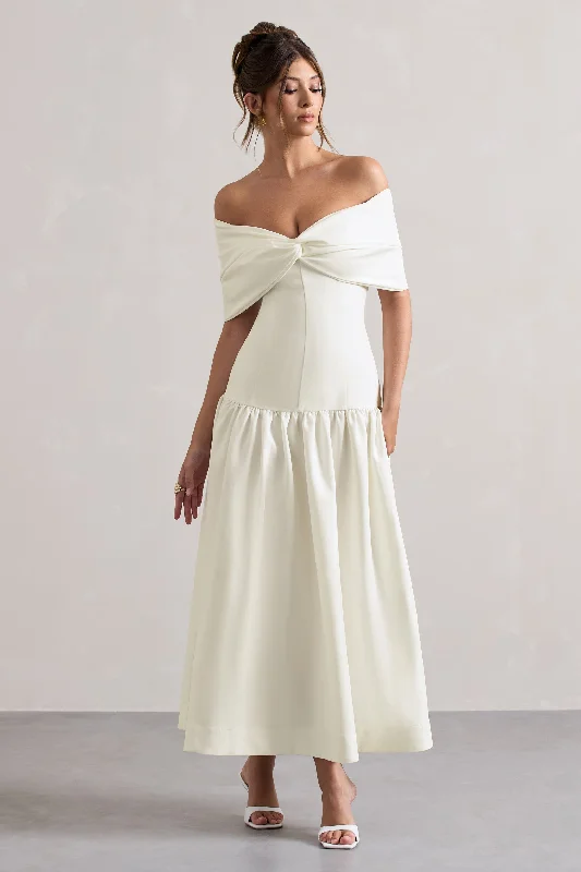 ladies-maxi-dress-white-wonder-Marguerite | White Twisted Bardot Drop-Waist Maxi Dress