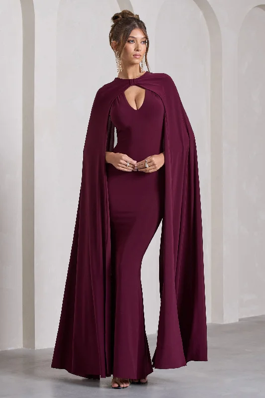 ladies-maxi-dress-keyhole-kiss-Standing Ovation | Burgundy Plunge-Neck Cape Maxi Dress