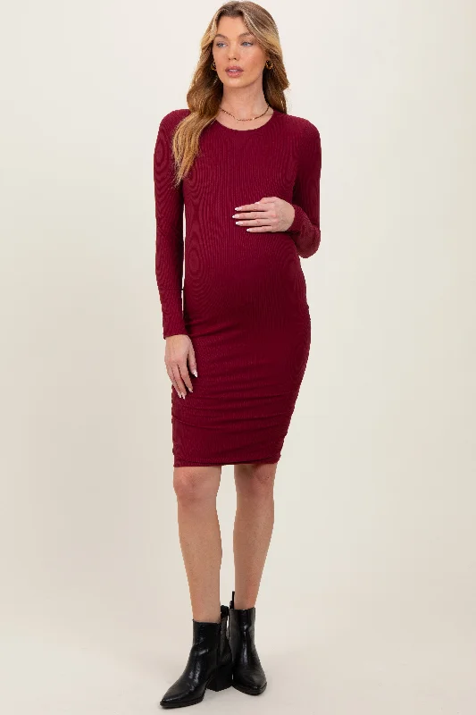 Women's mini dress grid pop -Burgundy Crew Neck Double Layered Rib Maternity Mini Dress