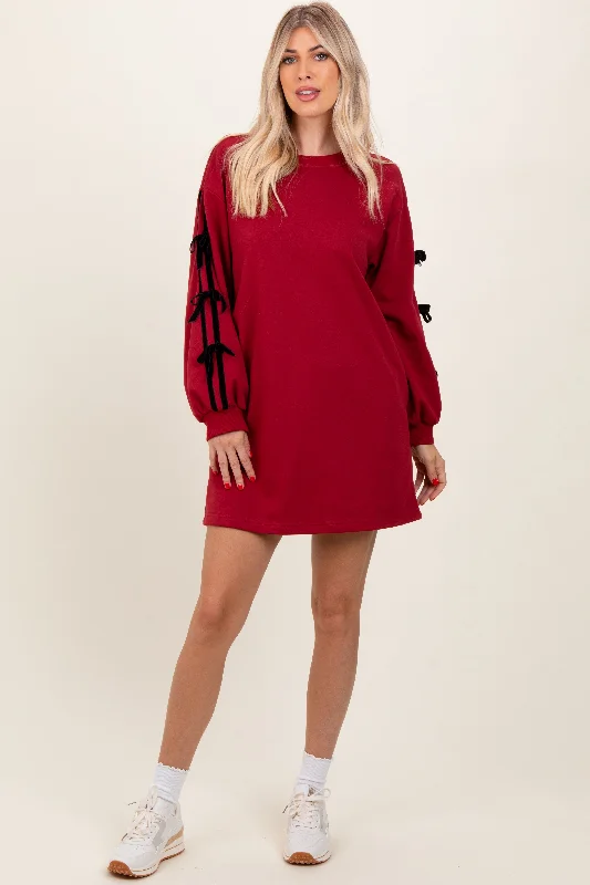 Women's mini dress spin pop -Red Bow Detail Long Sleeve Sweatshirt Mini Dress