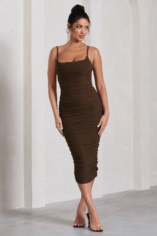 Women's bodycon dress soft edge -Bree | Chocolate Ruched Mesh Strappy Bodycon Midi Dress