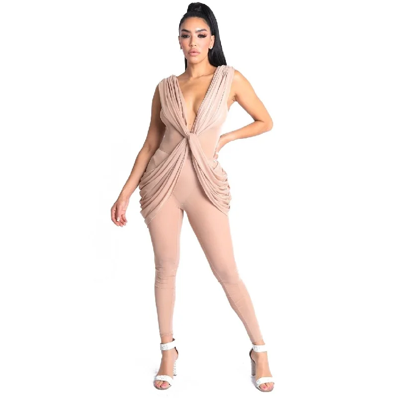 Women's party dress pastel -Sexy Sleeveless Lightweight Draped Mesh Jumpsuit Party Clubwear Nude