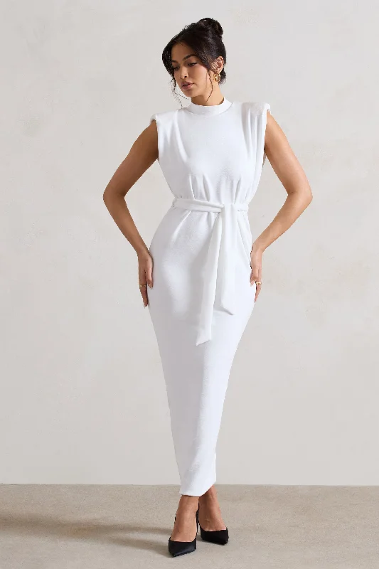 ladies-maxi-dress-evening-ember-Abbie | White High-Neck Maxi Dress With Tie Waist