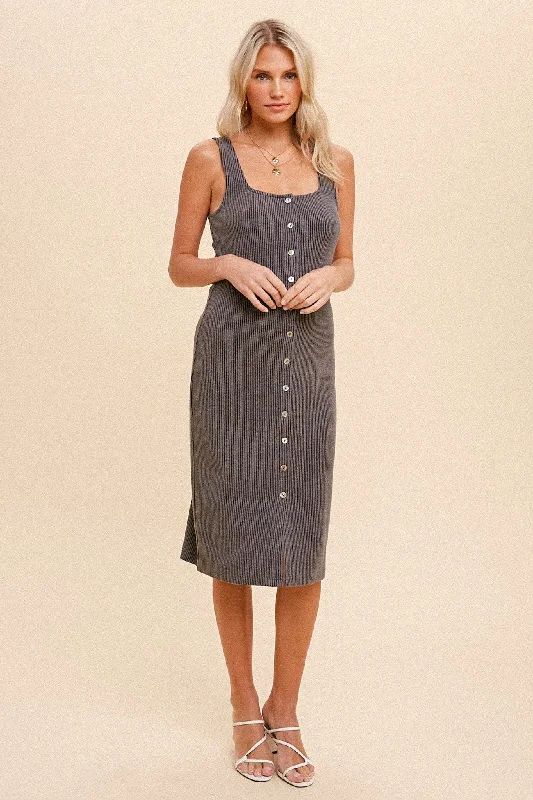 ladies-midi-dress-minimal-magic-Charcoal Ribbed Button Front Sleeveless Midi Dress