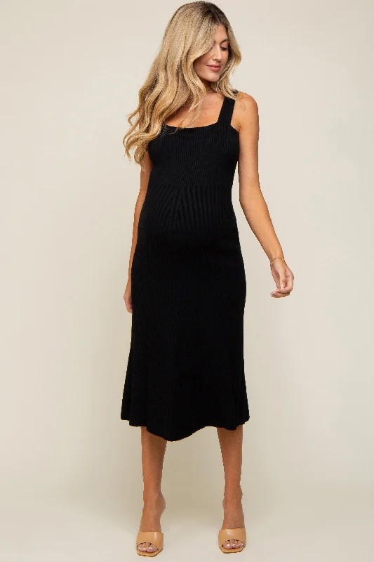 ladies-midi-dress-statement-sweep-Black Sweater Knit A-Line Maternity Midi Dress