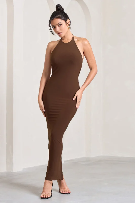 ladies-maxi-dress-travel-tide-Kirsten | Chocolate Sleeveless Halter-Neck Open-Back Knot Maxi Dress