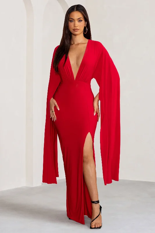 ladies-maxi-dress-crochet-calm-Maggie | Red Plunge Neck Maxi Dress with Cape Sleeves and Thigh Split